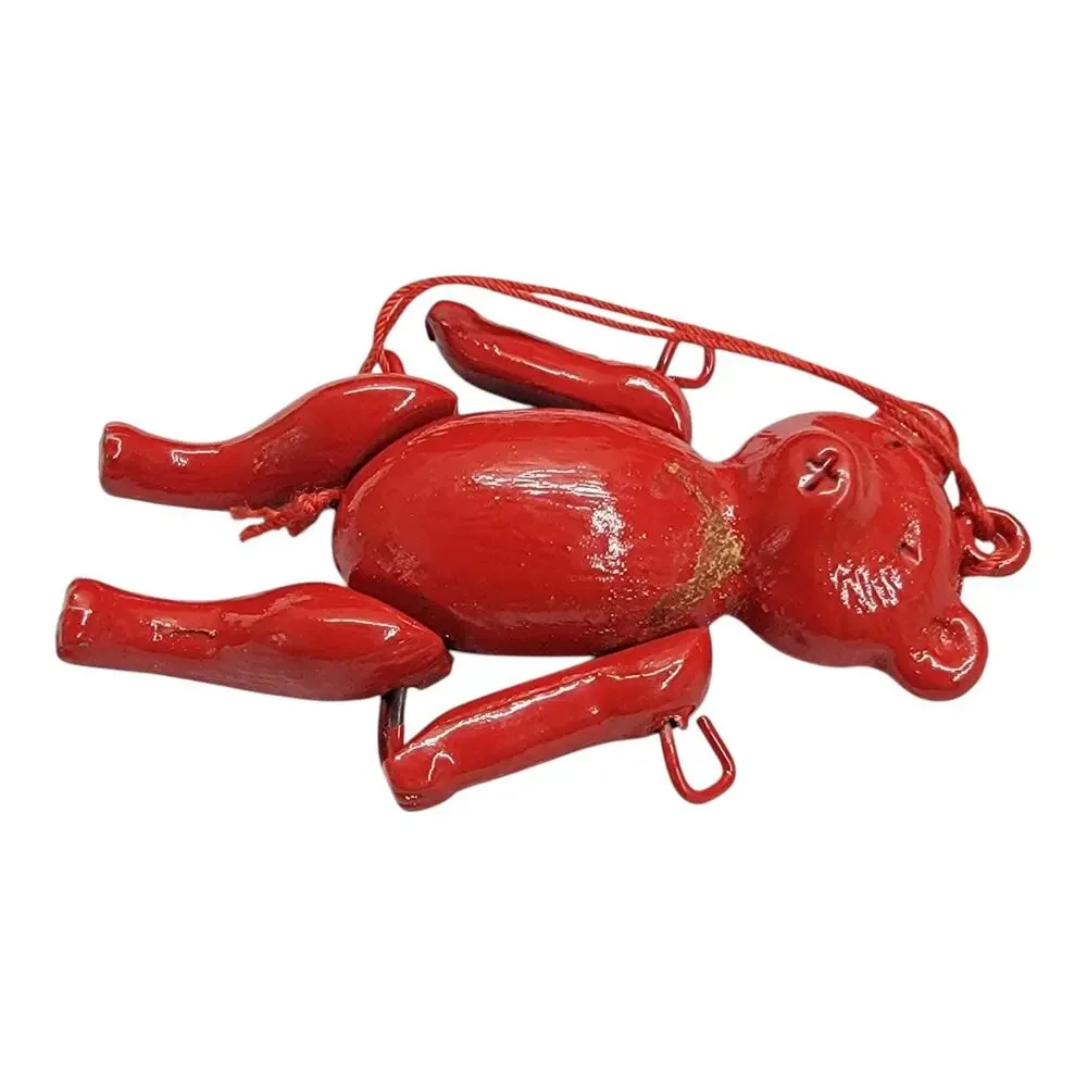 Vintage Midwest Importers Red Metal Jointed Teddy Bear Ornament Taiwan Christmas